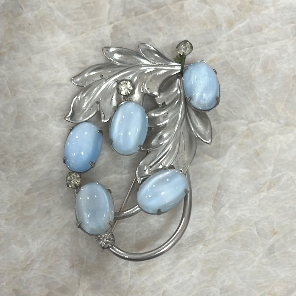 Vintage Moon-glow Glass Vine Brooch with Crystals